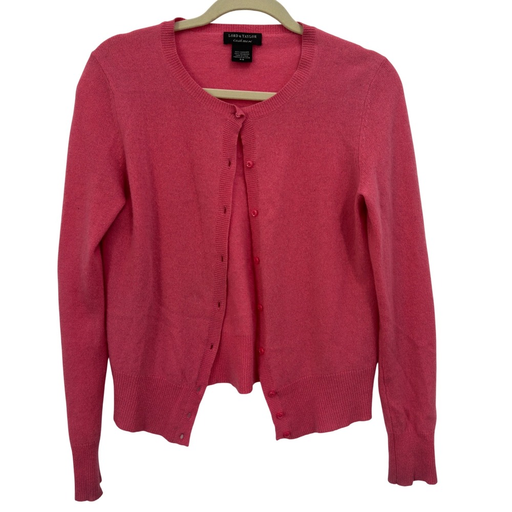 Lord & Taylor 100% Cashmere Cardigan Pink Crew Neck Button Front Preppy M